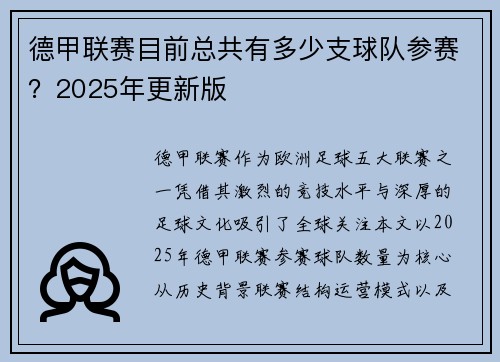 德甲联赛目前总共有多少支球队参赛？2025年更新版