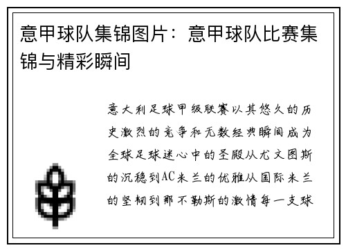 意甲球队集锦图片：意甲球队比赛集锦与精彩瞬间